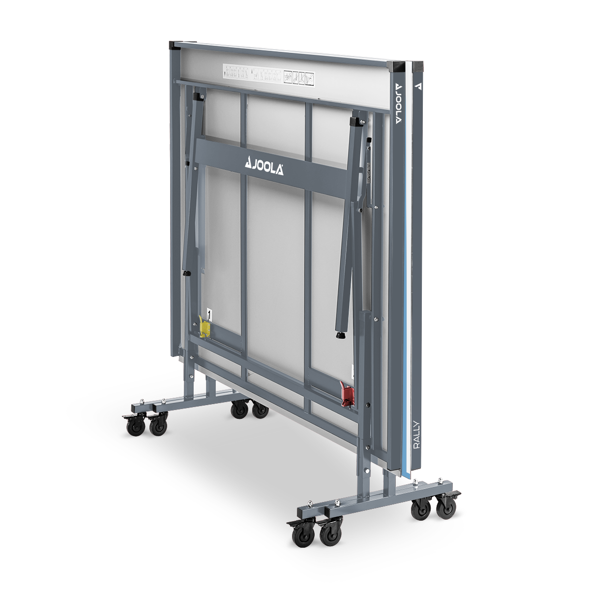 Zusammenklappbarer Tischtennistisch von JOOLA, aufrecht stehend, mit Rollen und stabiler Metallkonstruktion.