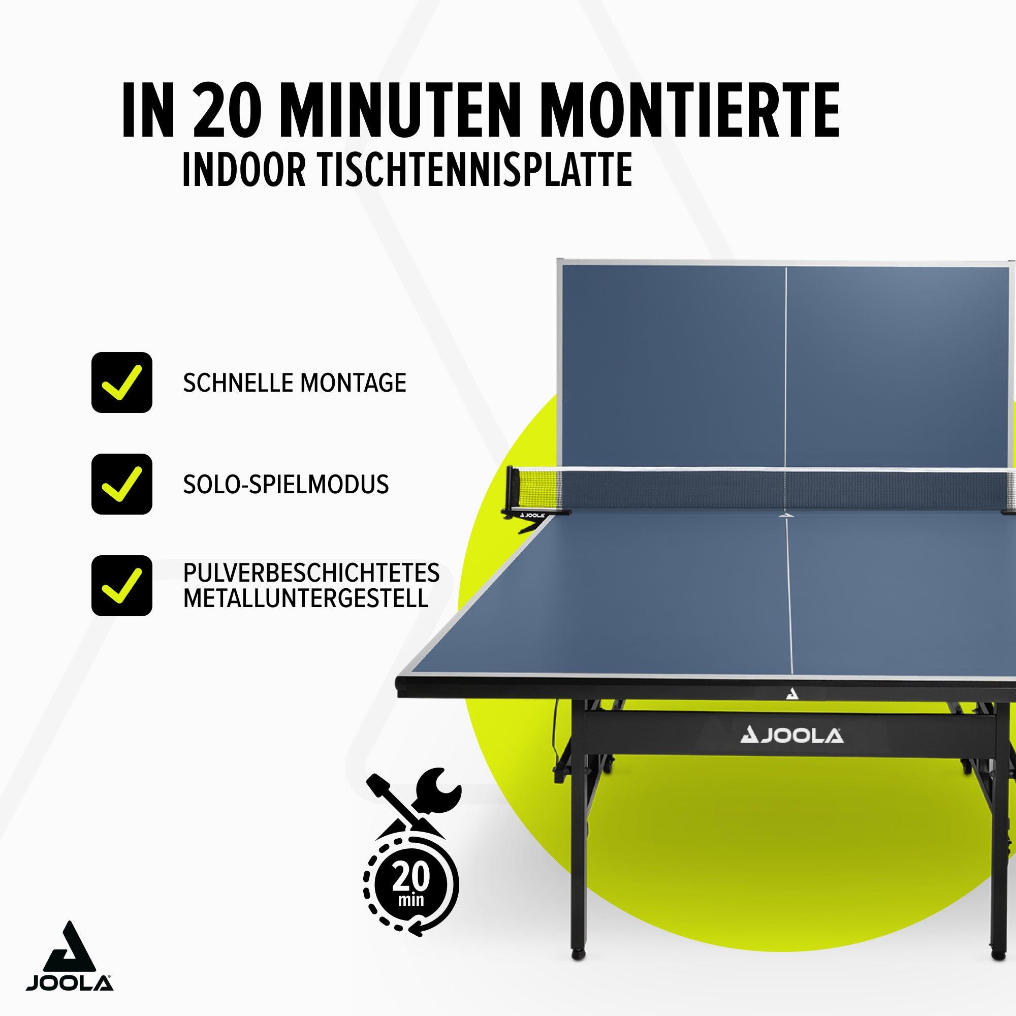 Indoor Tischtennisplatte von JOOLA mit schneller Montage, Solo-Spielmodus und pulverbeschichtetem Metalluntergestell, in 20 Minuten montiert.