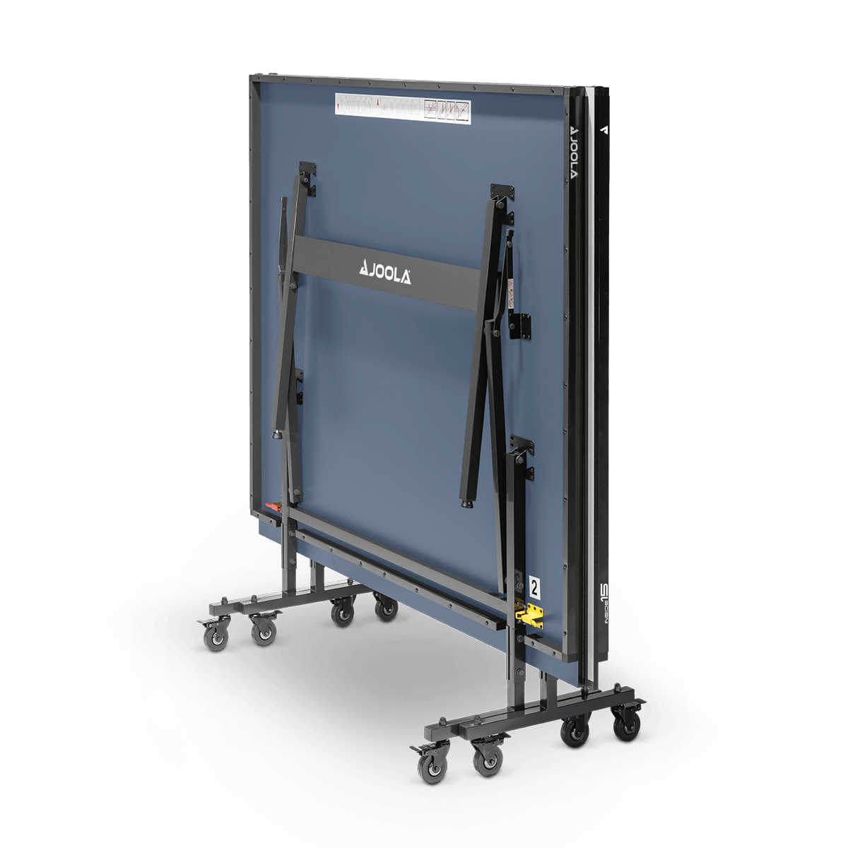 Zusammengeklappter blauer JOOLA Tischtennistisch mit schwarzem Metallgestell und Rollen.