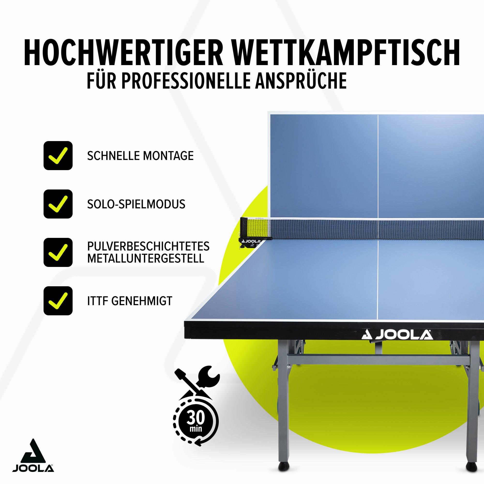 Hochwertiger blauer JOOLA Wettkampftischtennistisch mit Netz, Metalluntergestell und Produktmerkmalen.