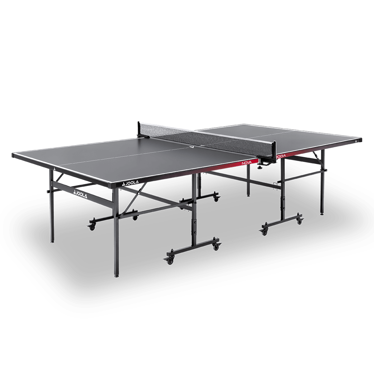 Schwarzer JOOLA Tischtennistisch mit Netz und klappbarem Metallgestell auf Rollen.