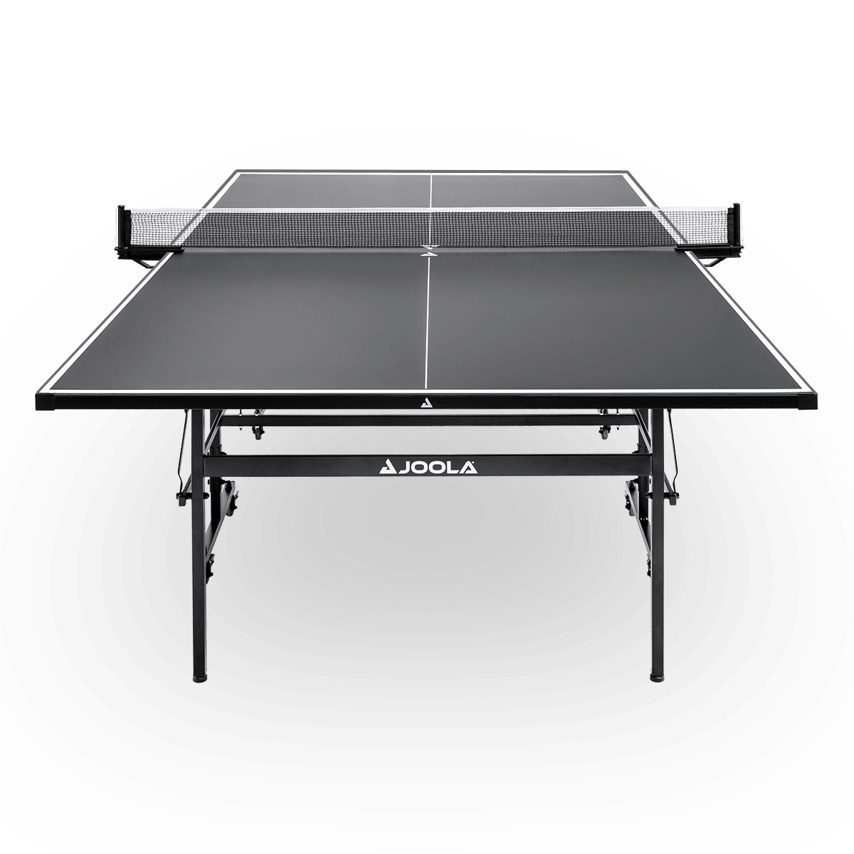 Schwarzer JOOLA Tischtennistisch mit Netz, Frontansicht.