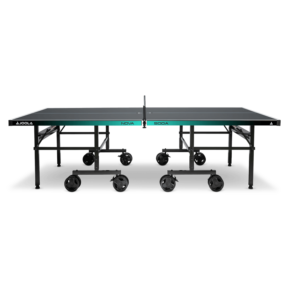 Tischtennisplatte JOOLA Nova 500A mit schwarzer Spielfläche und grüner Seitenkante, inklusive Netz und Rollen.