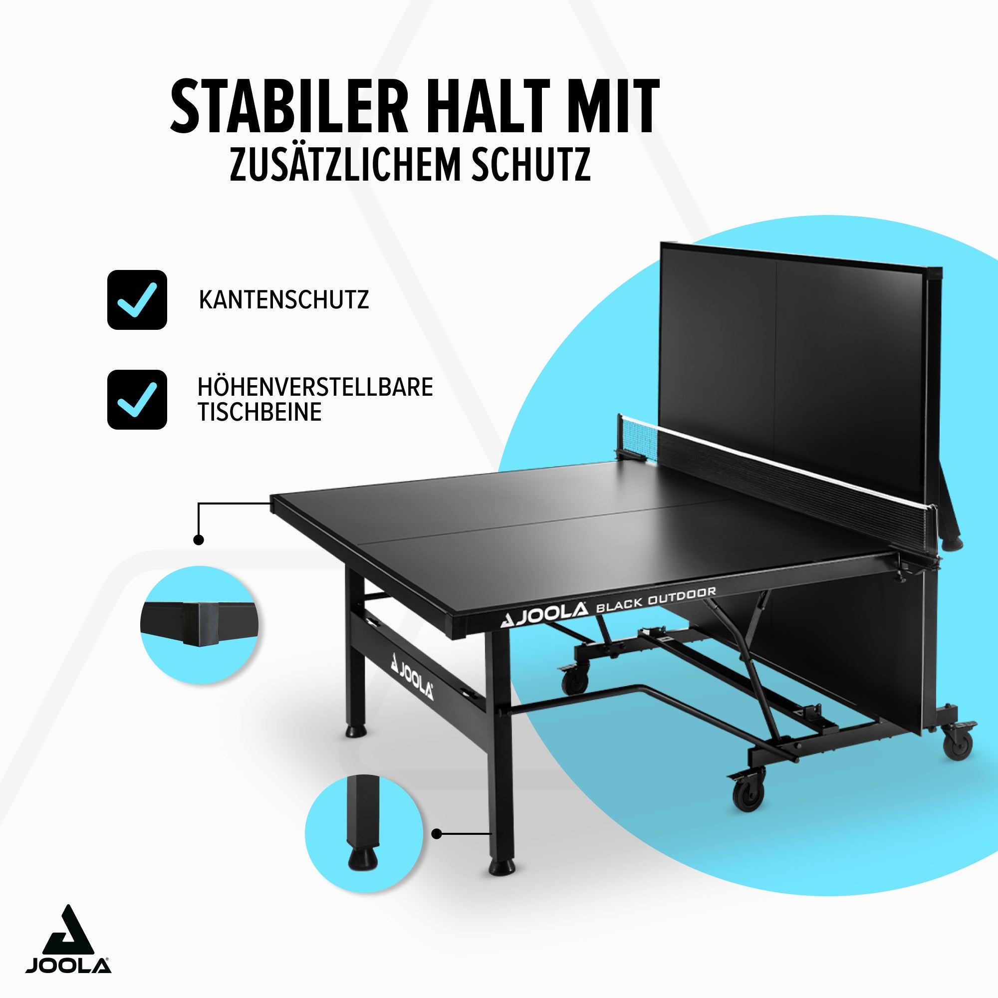 Schwarzer JOOLA Black Outdoor Tischtennistisch mit Kantenschutz und höhenverstellbaren Tischbeinen.