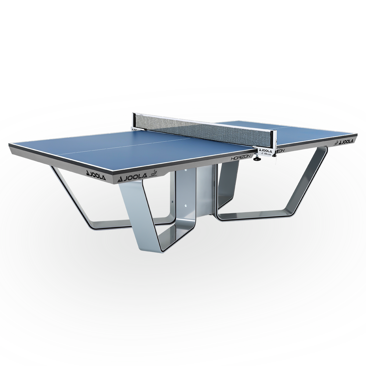 Blauer JOOLA Horizon Tischtennistisch mit modernem, silbernem Metallgestell und Netz.