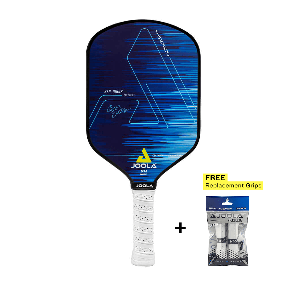 Pickleball-Schläger JOOLA Hyperion Ben Johns Pro Series mit weißem Griffband und gratis Ersatzgriffbändern.