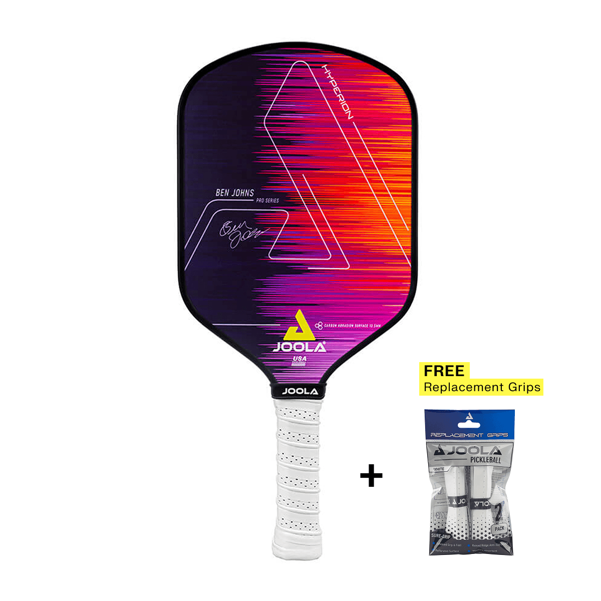 Pickleball-Schläger JOOLA Hyperion Ben Johns Pro Series mit weißem Griff und zwei kostenlosen Ersatzgriffen.