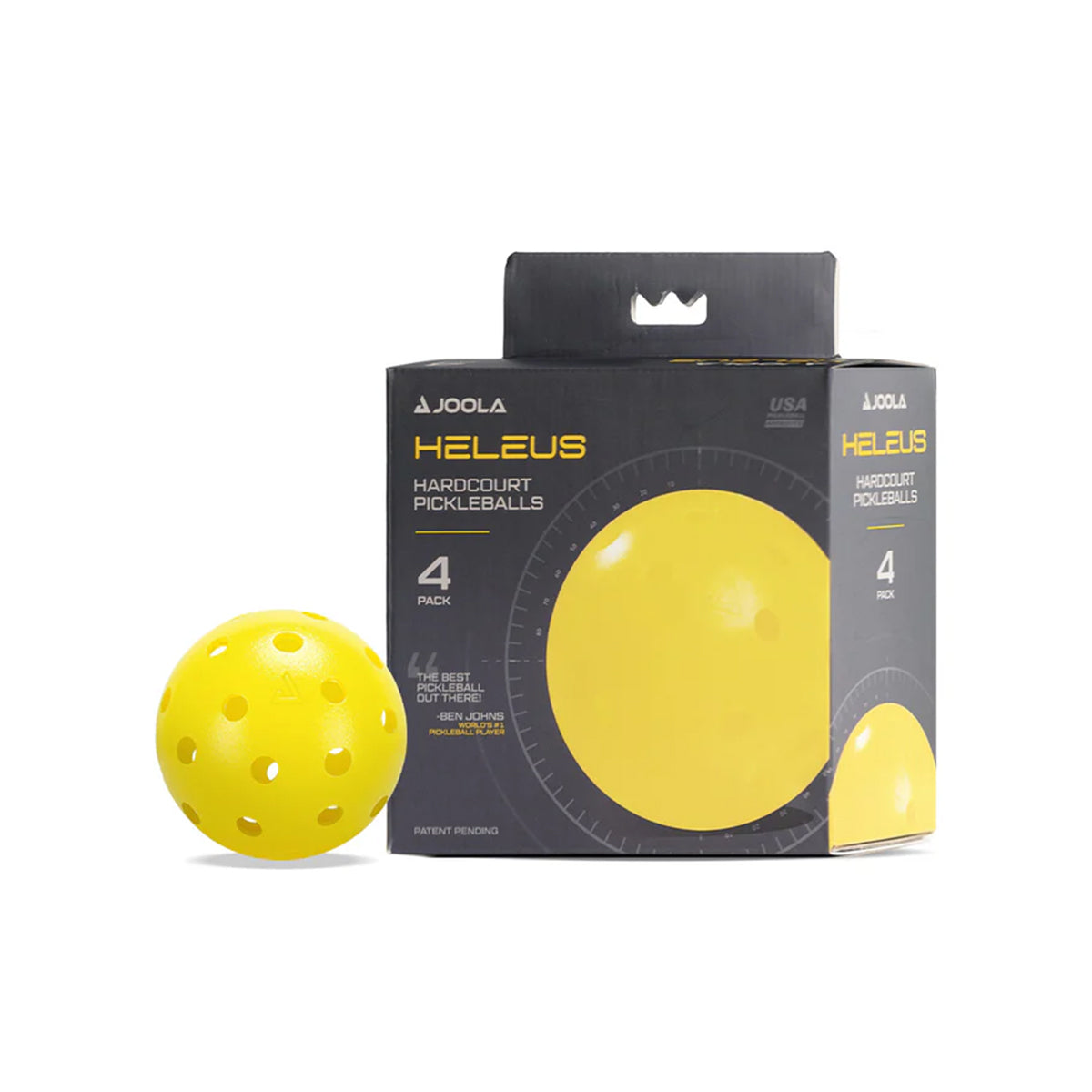 Gelbe JOOLA Heleus Hardcourt Pickleball-Bälle mit Verpackung, 4er Pack.