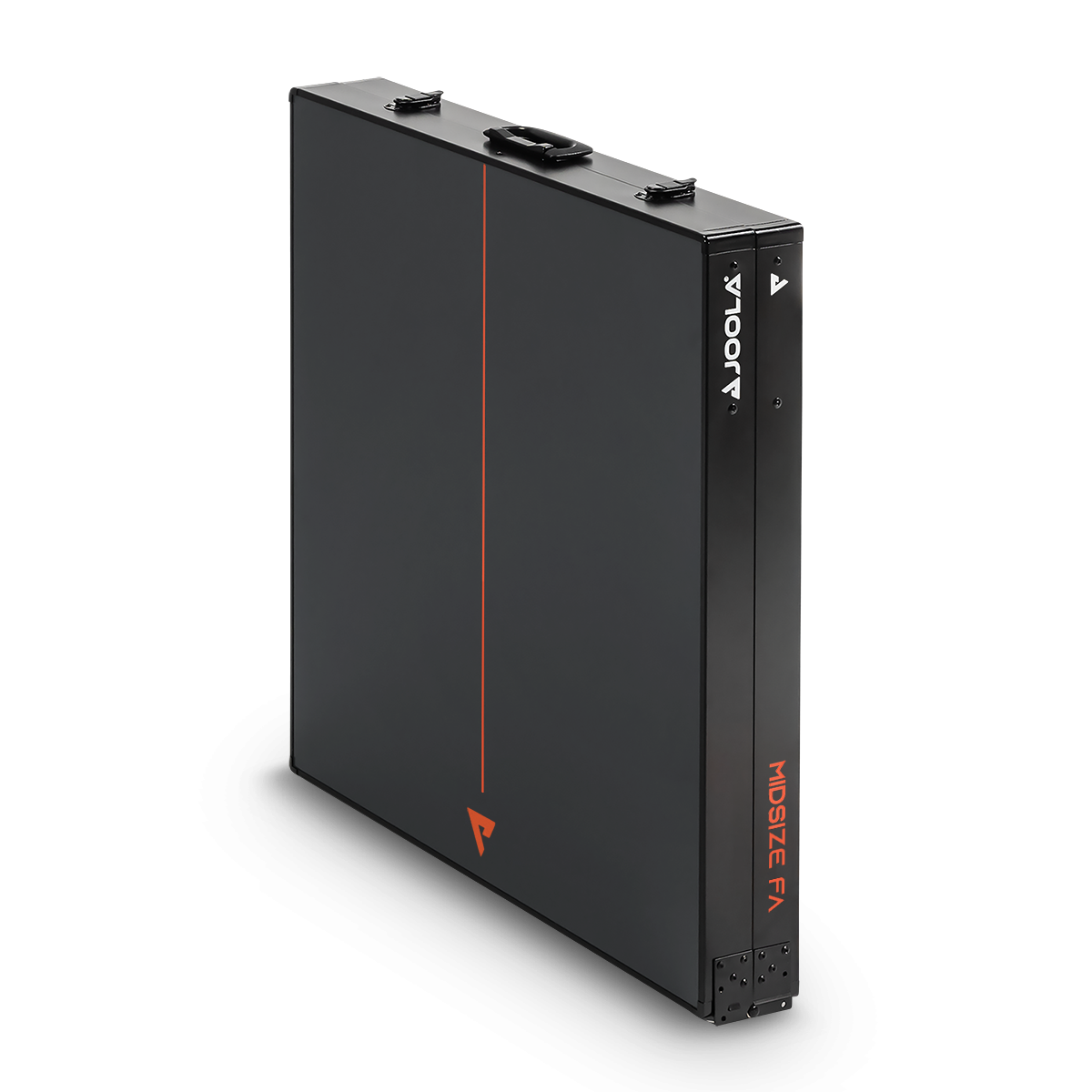 Schwarzer faltbarer Tischtennistisch mit Tragegriff und roter Linie, Marke JOOLA, Modell Midsize FA.