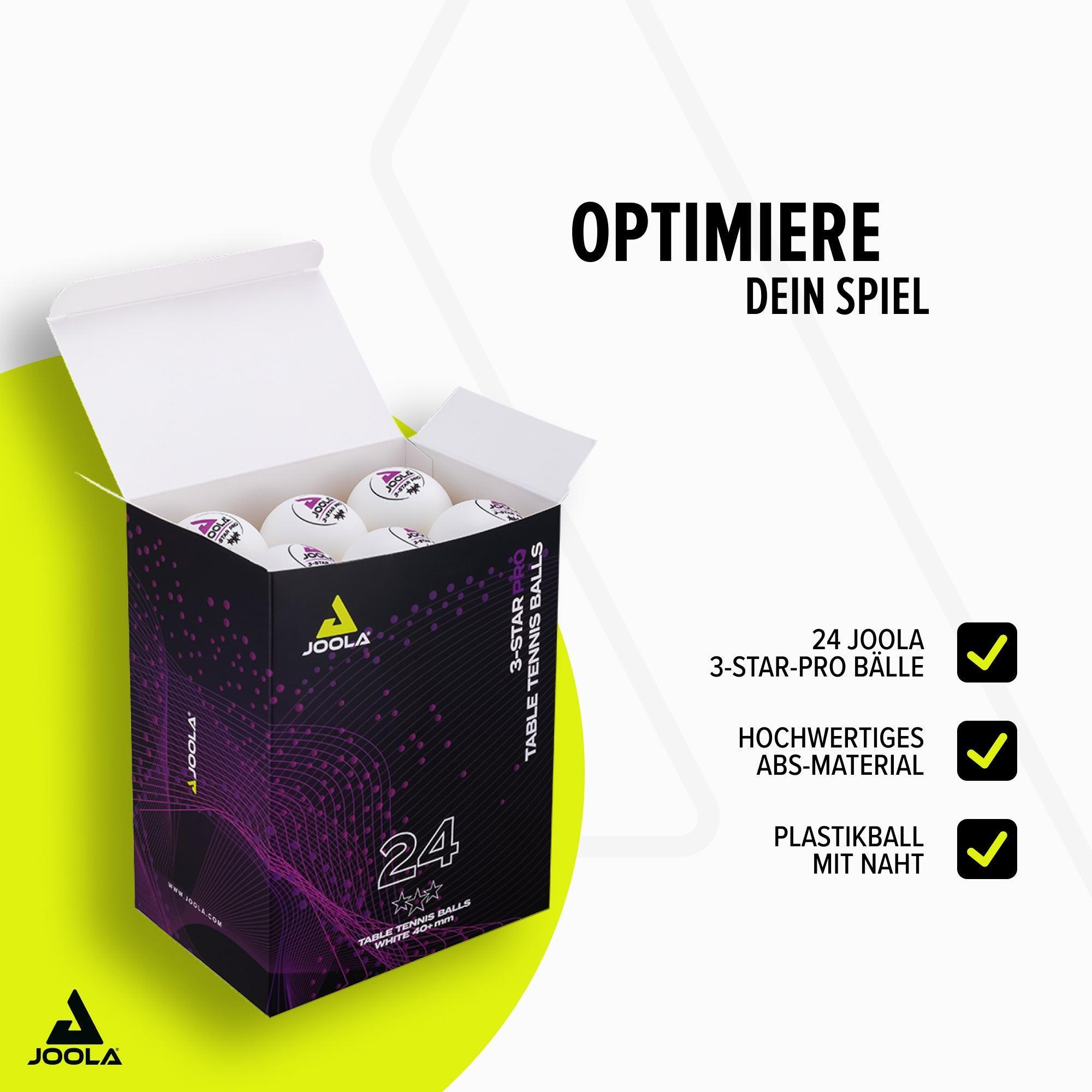 Offene Packung mit 24 weißen JOOLA 3-Star-Pro Tischtennisbällen aus hochwertigem ABS-Material.
