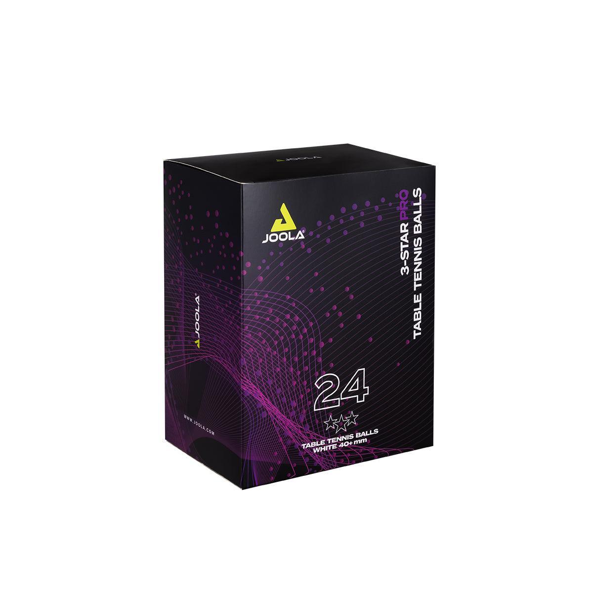 Schwarze Verpackung mit violetten Mustern, enthält 24 Joola 3-Star Pro Tischtennisbälle.