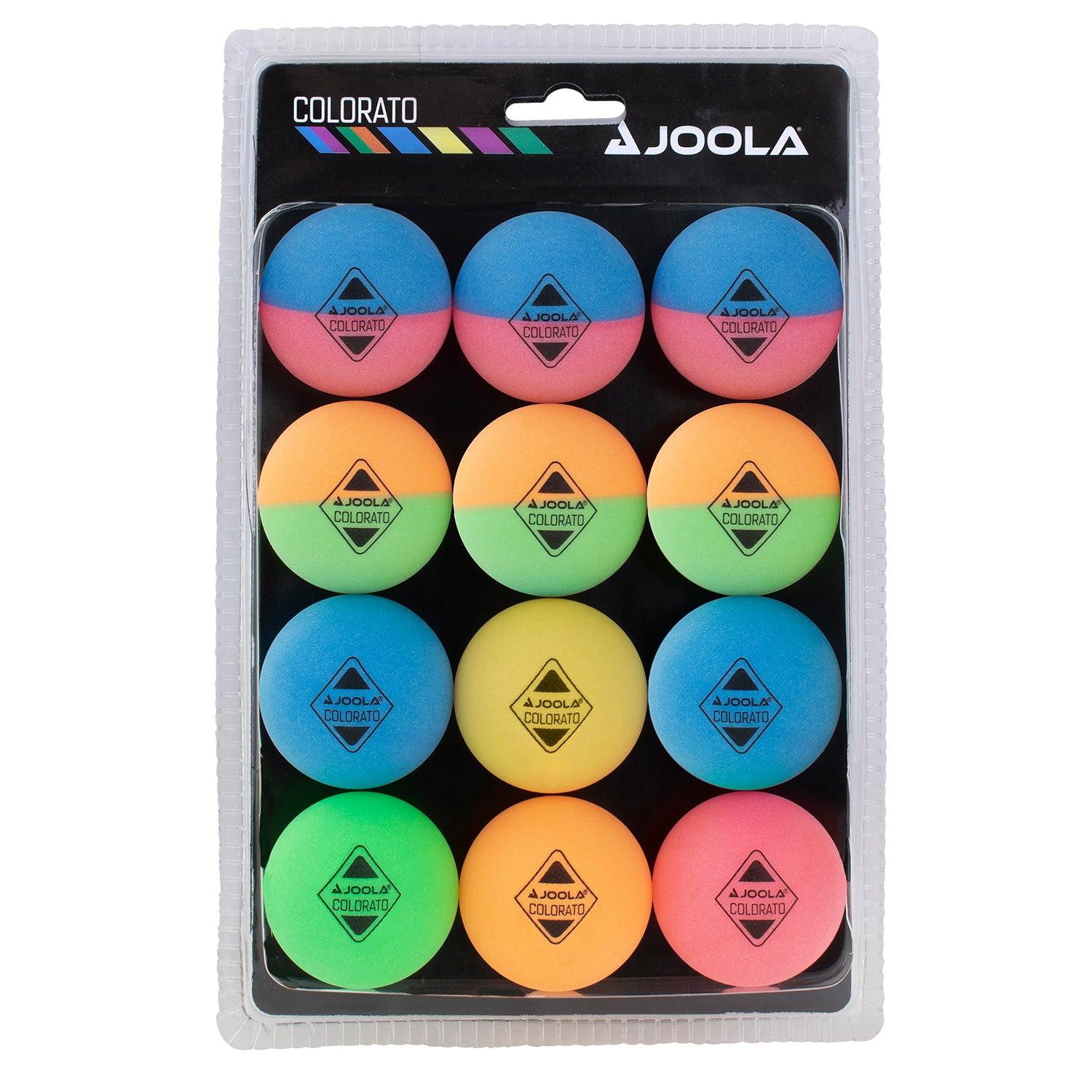JOOLA Tischtennisball COLORATO 12er in Seitenansicht mit Fokus auf das Design.