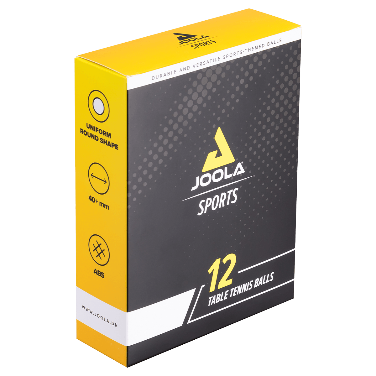 Verpackung mit 12 weißen JOOLA Sports Tischtennisbällen, gelb-schwarzes Design.