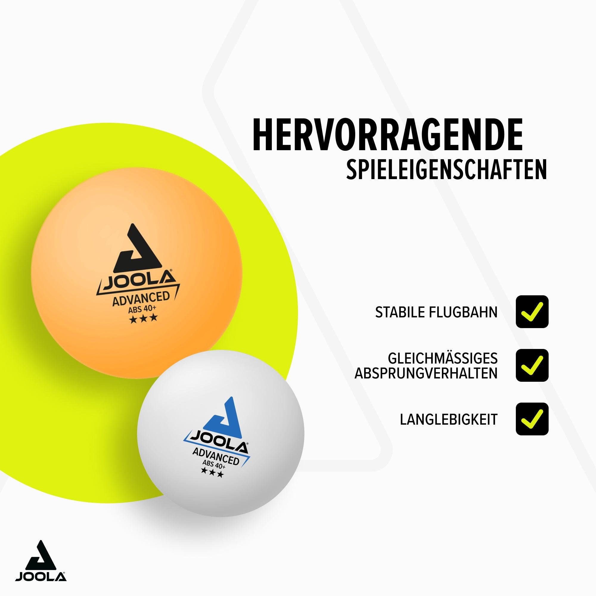 Zwei JOOLA Advanced ABS 40+ Tischtennisbälle in Orange und Weiß mit Hervorhebung der Spieleigenschaften: stabile Flugbahn, gleichmäßiges Absprungverhalten und Langlebigkeit.