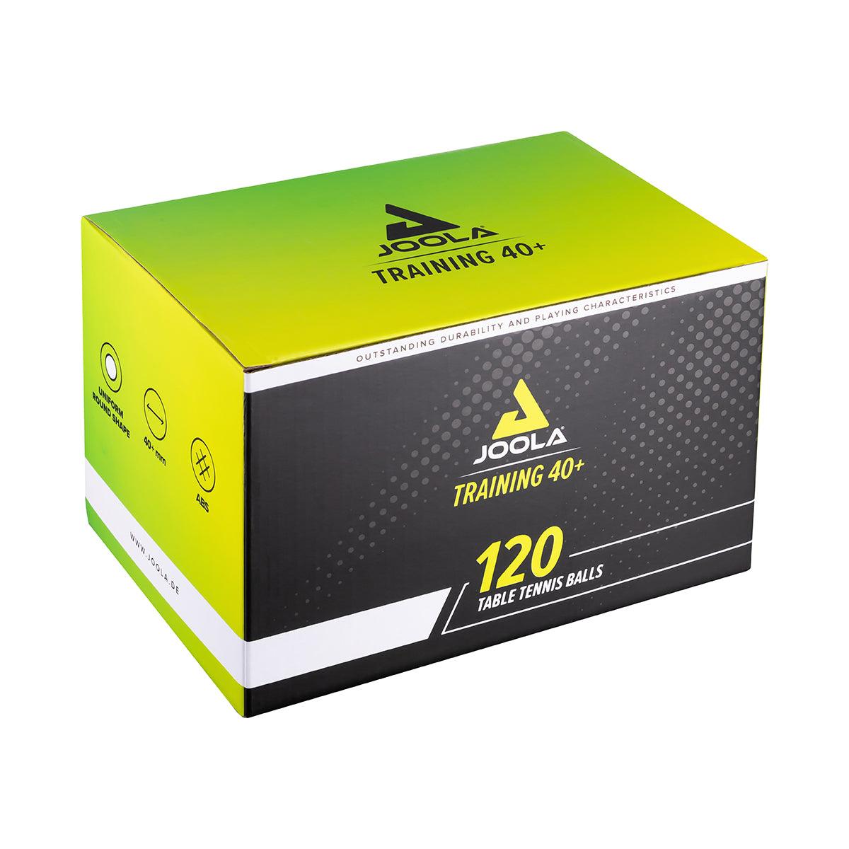 Kartonschachtel mit 120 Joola Training 40+ Tischtennisbällen, grün-schwarz.