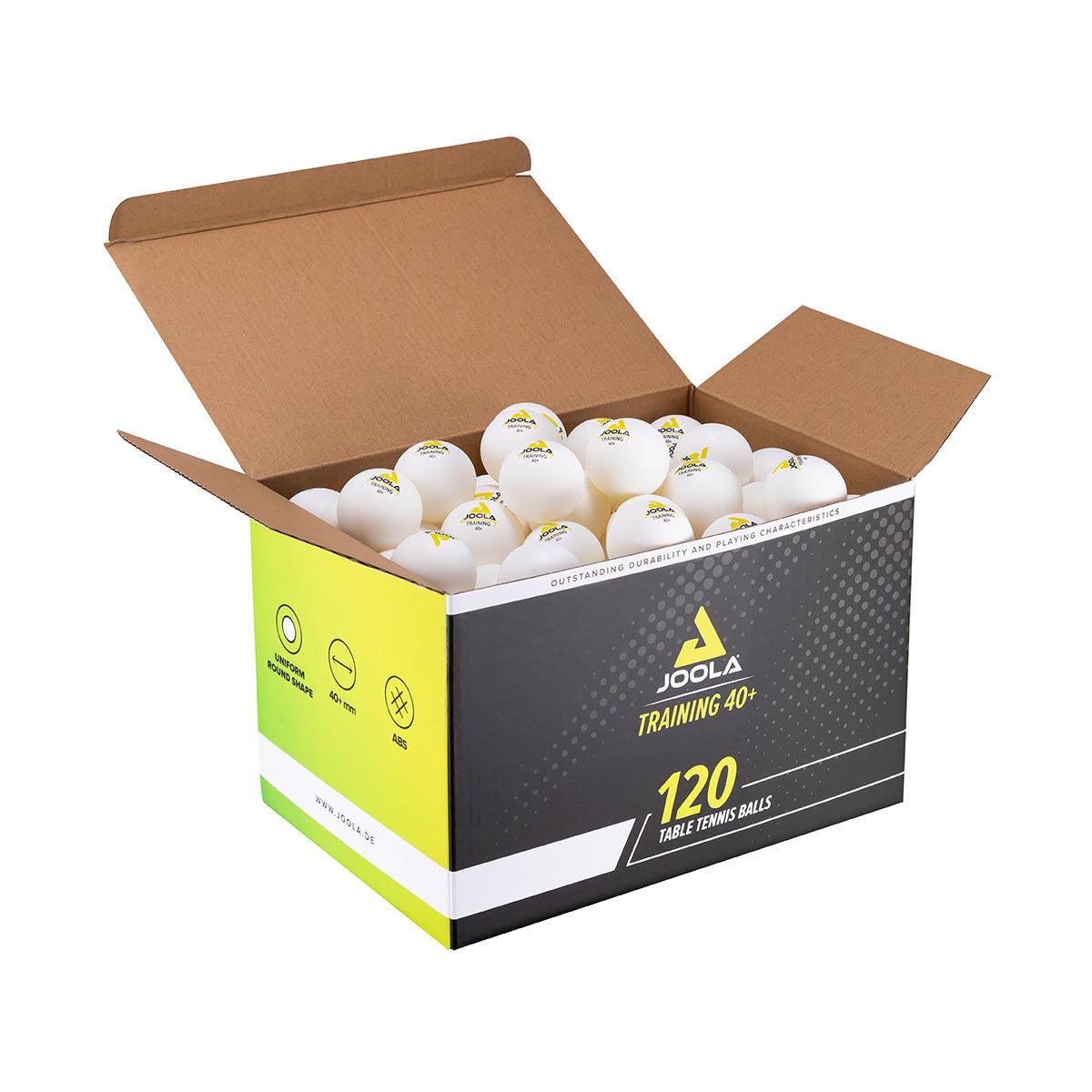 Offene Verpackung mit 120 weißen JOOLA Training 40+ Tischtennisbällen.