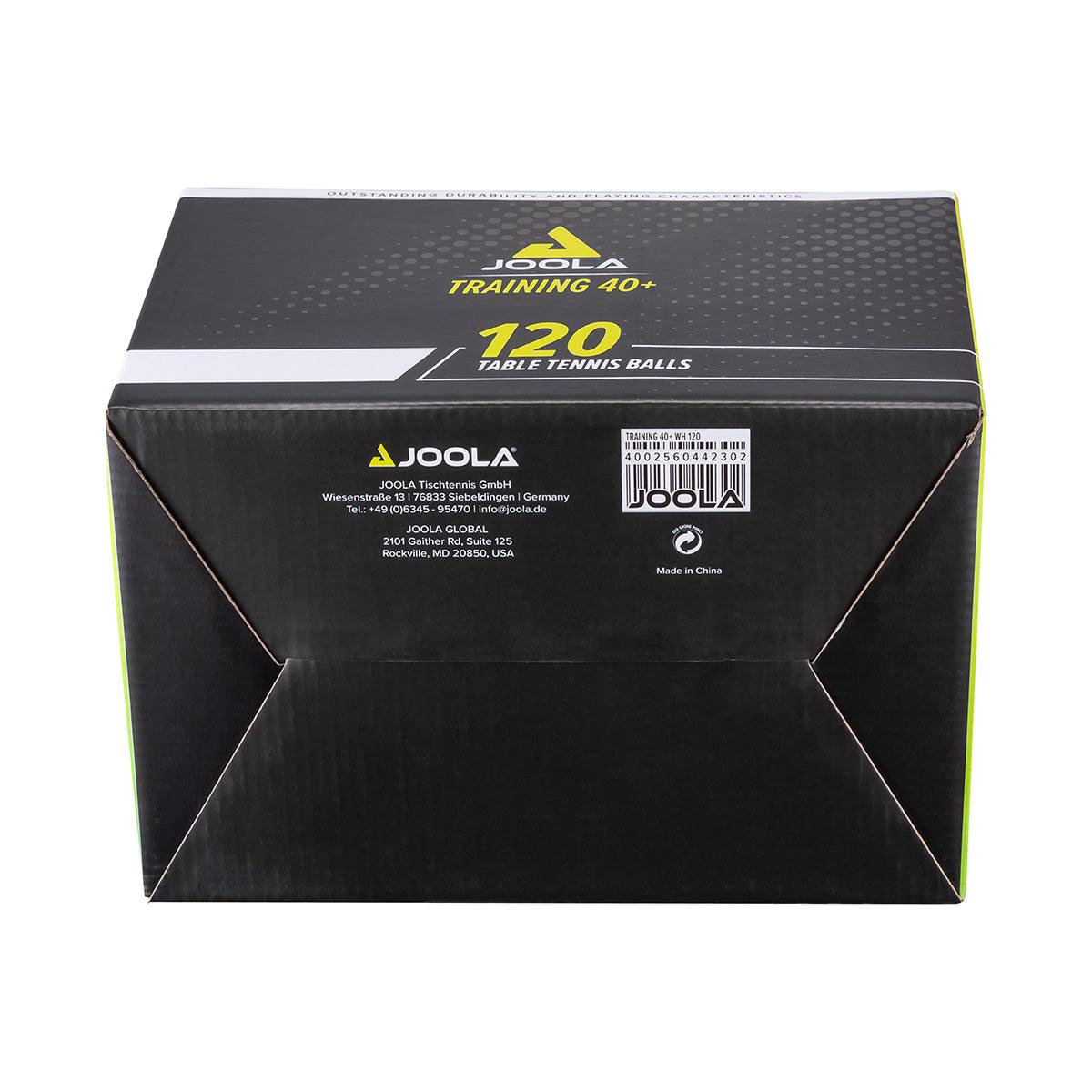 Schwarze Verpackung mit gelber und weißer Schrift, enthält 120 JOOLA Training 40+ Tischtennisbälle.