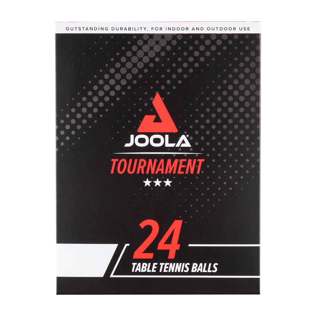 Schwarze Verpackung mit rotem JOOLA-Logo, Aufschrift "TOURNAMENT" und "24 Table Tennis Balls".