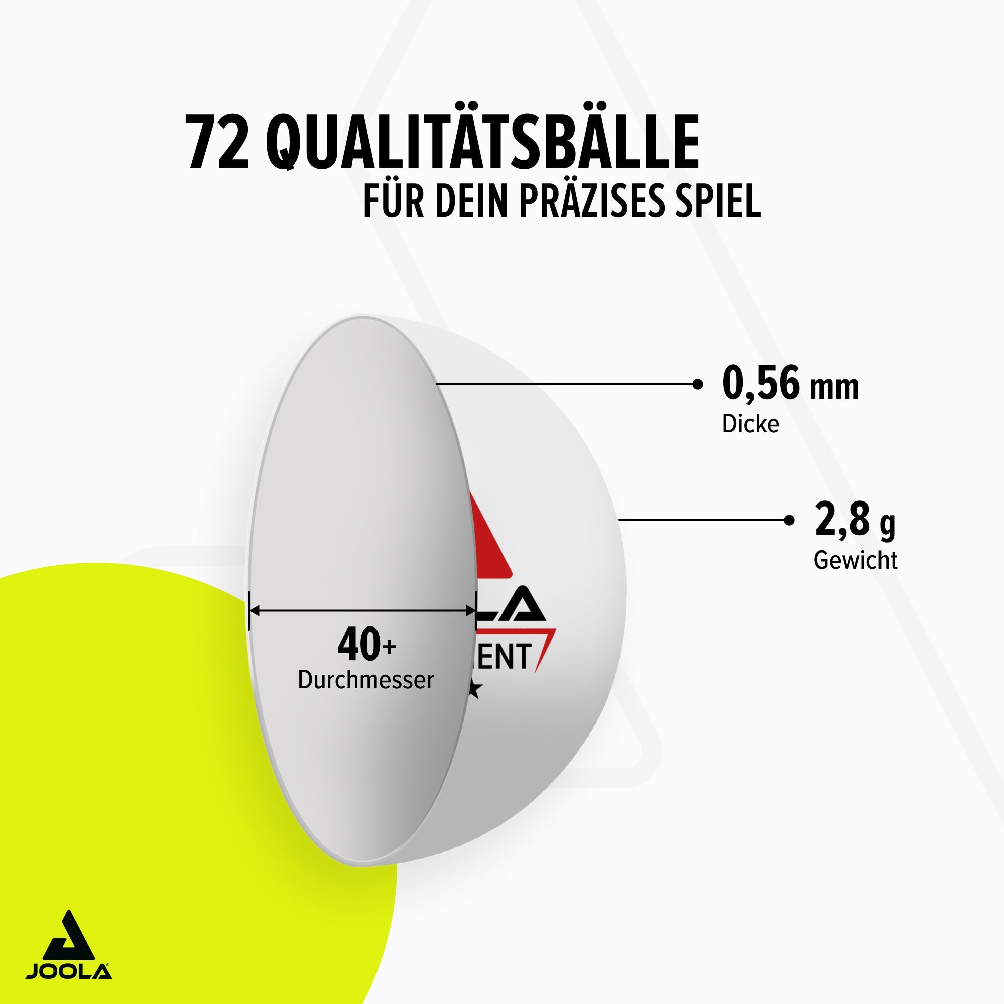 Illustration einer Tischtennisball-Hälfte mit Angaben zu Durchmesser (40+), Dicke (0,56 mm) und Gewicht (2,8 g), dazu der Text „72 Qualitätsbälle für dein präzises Spiel“.