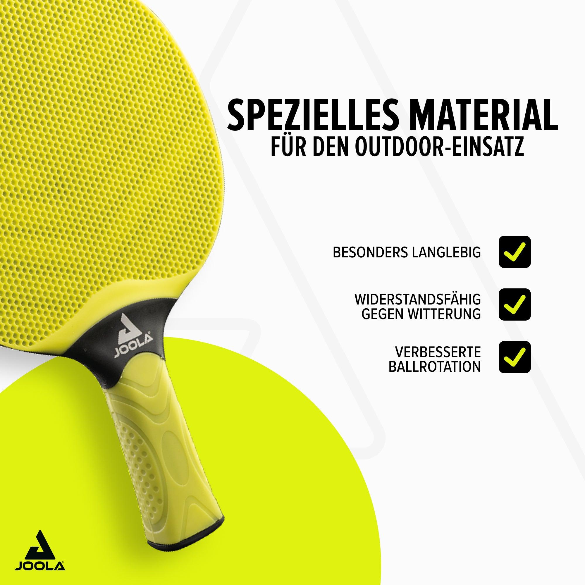 Gelber JOOLA Outdoor-Tischtennisschläger mit spezieller Oberfläche und Griff, hervorgehoben für Langlebigkeit, Wetterbeständigkeit und verbesserte Ballrotation.