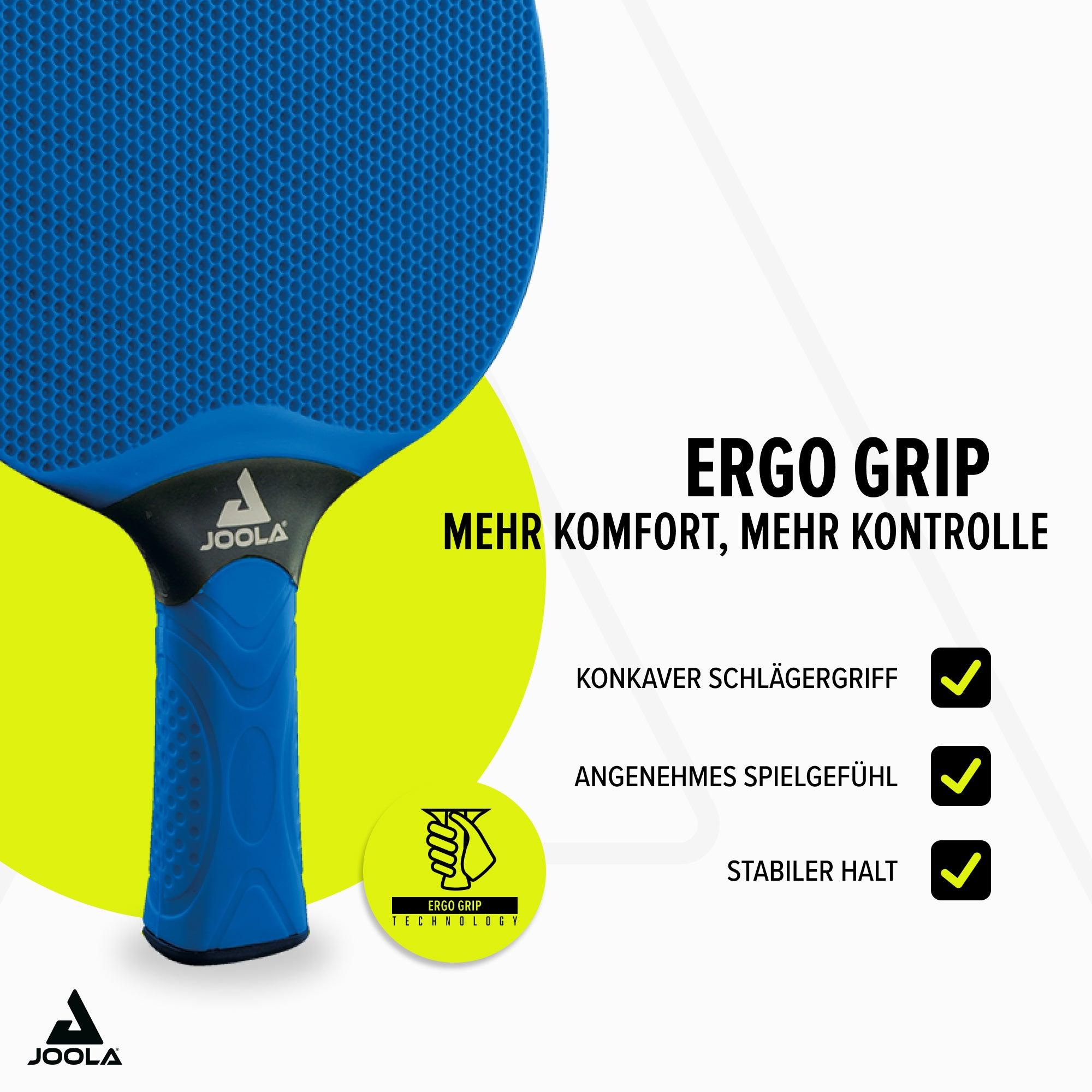 Blaues JOOLA Tischtennis-Schlägerblatt mit ergonomischem Griff und Produktmerkmalen für mehr Komfort und Kontrolle.