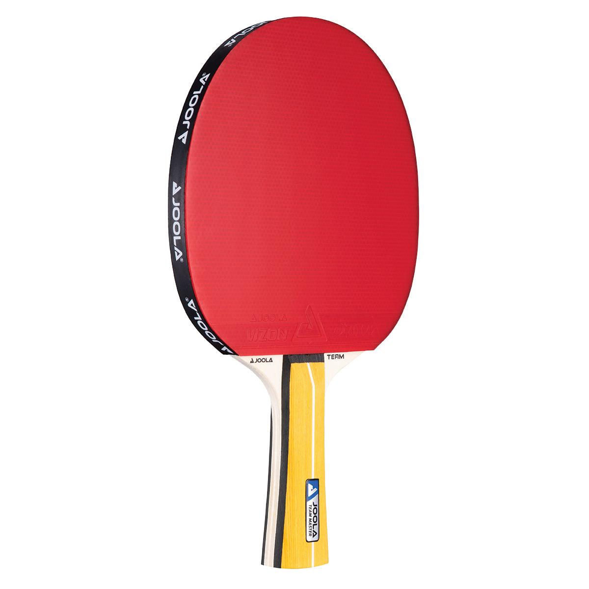 Tischtennisschläger mit rotem Belag und Holzgriff, Marke JOOLA.