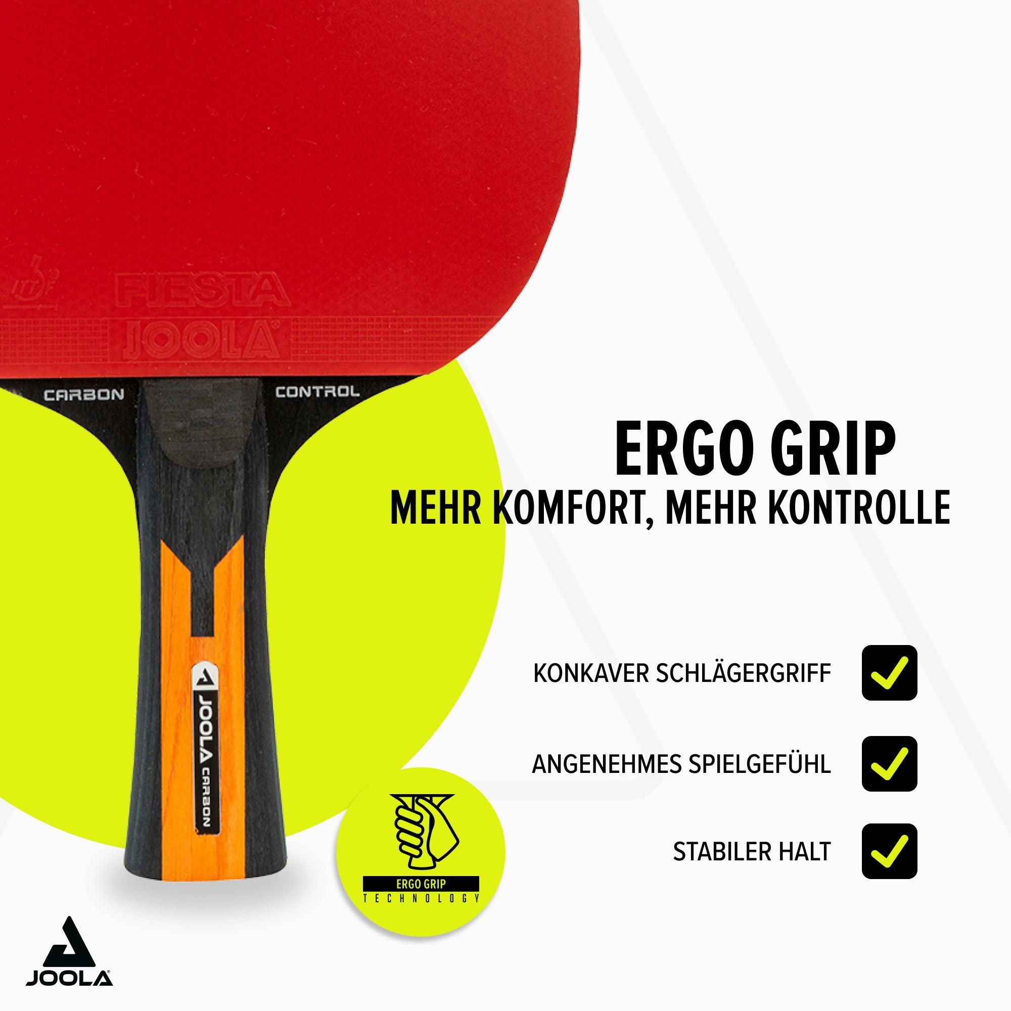Tischtennisschläger JOOLA mit rotem Belag und Ergo Grip Griff, beworben mit mehr Komfort und Kontrolle.
