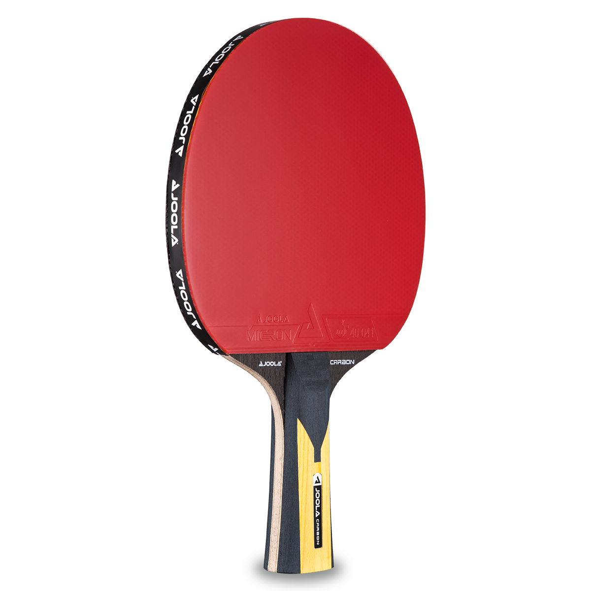 Tischtennisschläger mit rotem Belag und schwarzem-gelbem Holzgriff, Marke JOOLA Carbon.