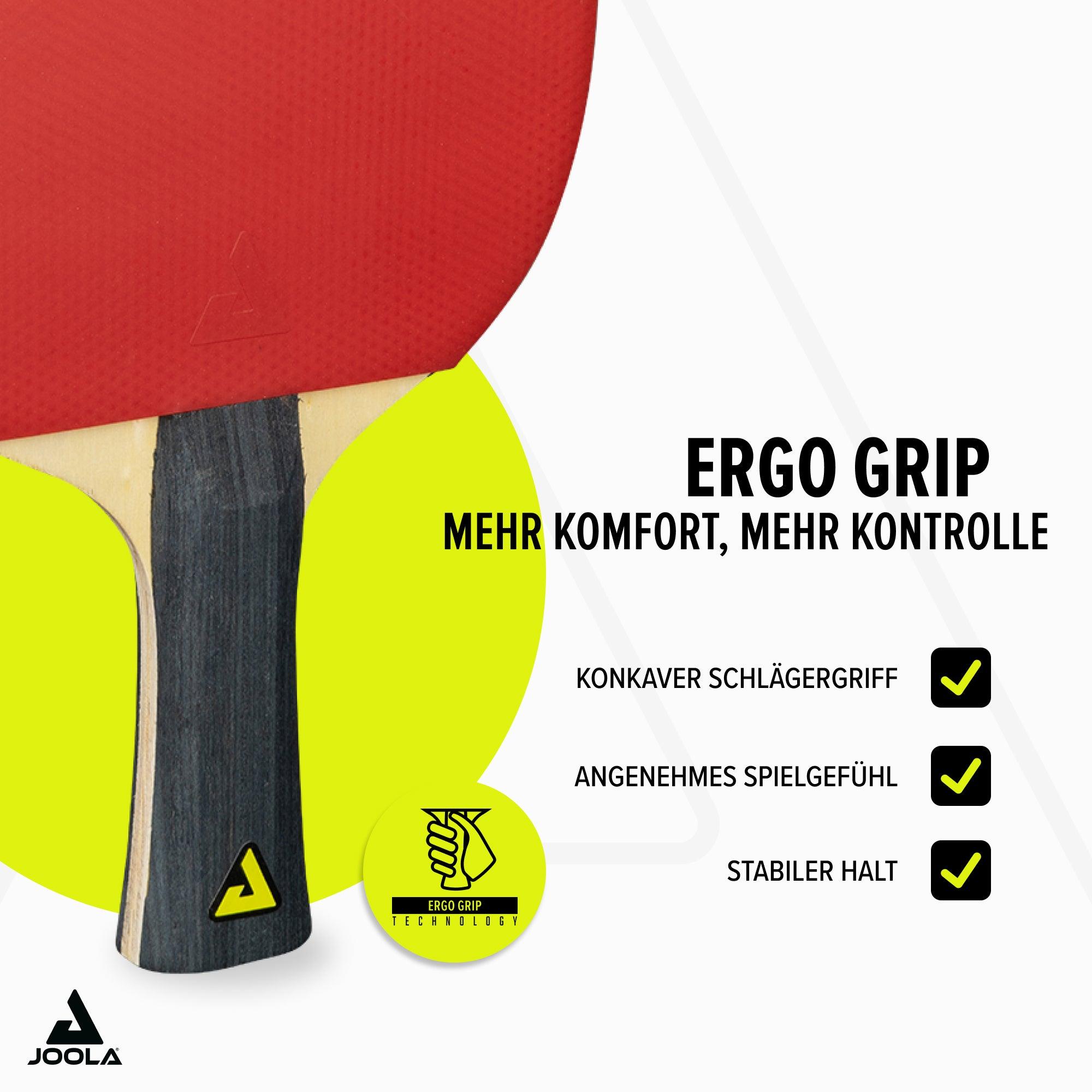 Tischtennisschläger mit rotem Belag und ergonomischem Griff, beworben mit den Vorteilen: konvaver Schlägergriff, angenehmes Spielgefühl, stabiler Halt.
