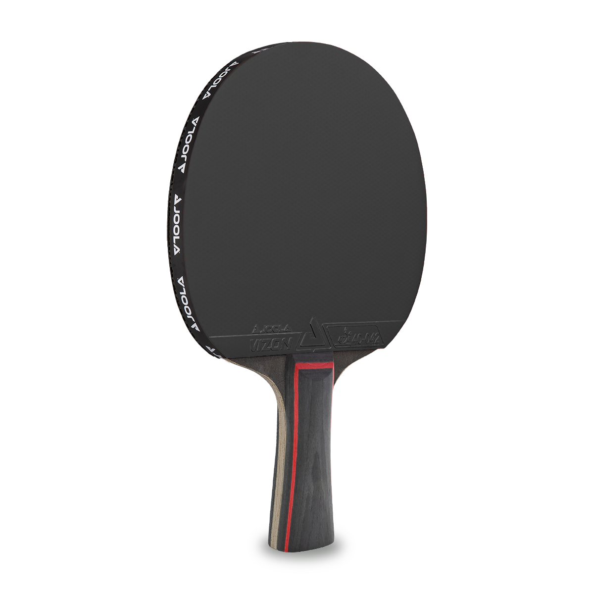 Tischtennisschläger JOOLA Vizon mit schwarzem Belag und ergonomischem Griff, freigestellt vor weißem Hintergrund.