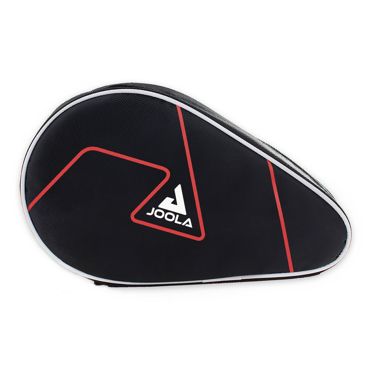Schwarze JOOLA Schlägertasche mit rotem Design und weißem Reißverschluss, passend für Tischtennisschläger.