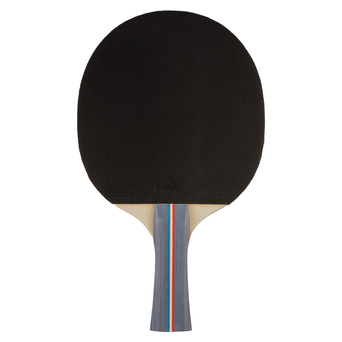 Tischtennisschläger mit schwarzem Belag und mehrfarbigem Holzgriff.