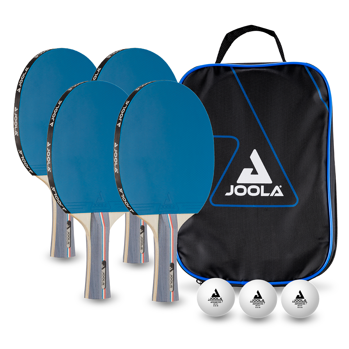 Vier blaue JOOLA Tischtennisschläger, drei weiße JOOLA Tischtennisbälle und eine schwarze JOOLA Tragetasche.