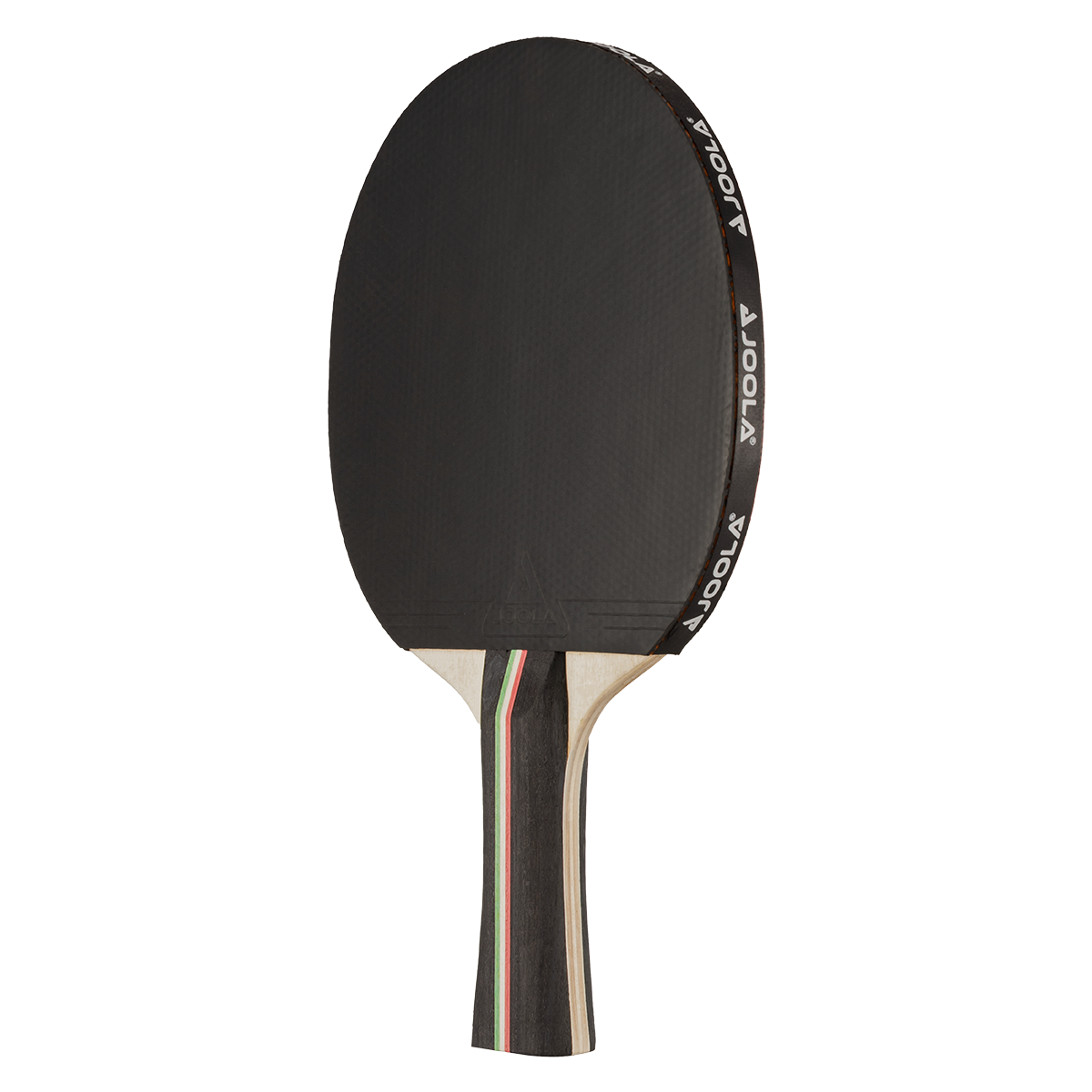 Tischtennisschläger mit schwarzem Belag und Holzgriff mit farbigen Streifen.