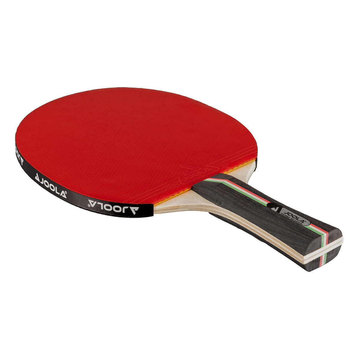 Tischtennisschläger mit roter Schlagfläche und Holzgriff mit schwarzem, weißem und grünem Streifen.