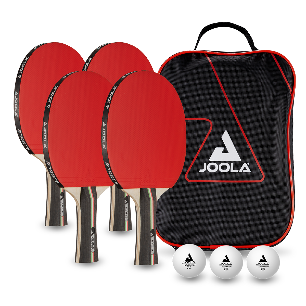 Vier rote JOOLA Tischtennisschläger, drei weiße JOOLA Tischtennisbälle und eine schwarze JOOLA Tragetasche.