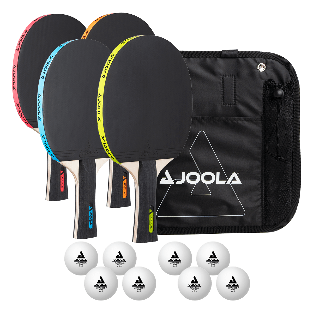 Vier farblich markierte JOOLA Tischtennisschläger, acht weiße JOOLA Tischtennisbälle und eine schwarze JOOLA Tragetasche.