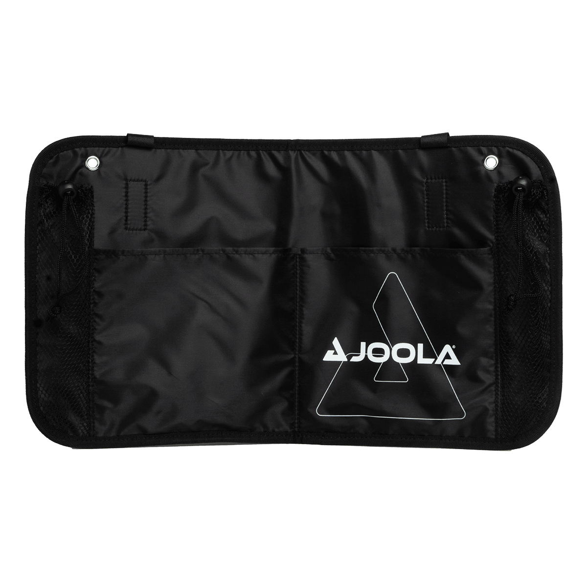 Schwarze Joola Tischtennis-Tasche mit mehreren Fächern und Netzseitentaschen.