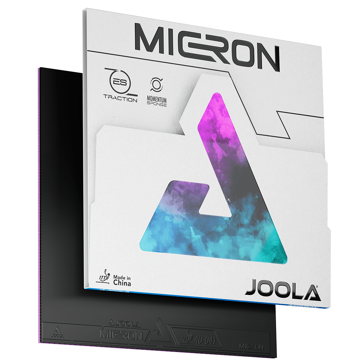 Verpackung und Tischtennisbelag JOOLA Micron in Schwarz und Pink.