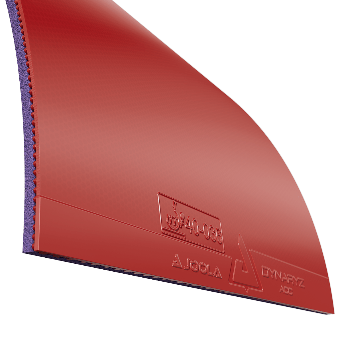 Rote JOOLA Dynaryz ACB Tischtennisbelag mit glatter Oberfläche und blauer Schwammseite.