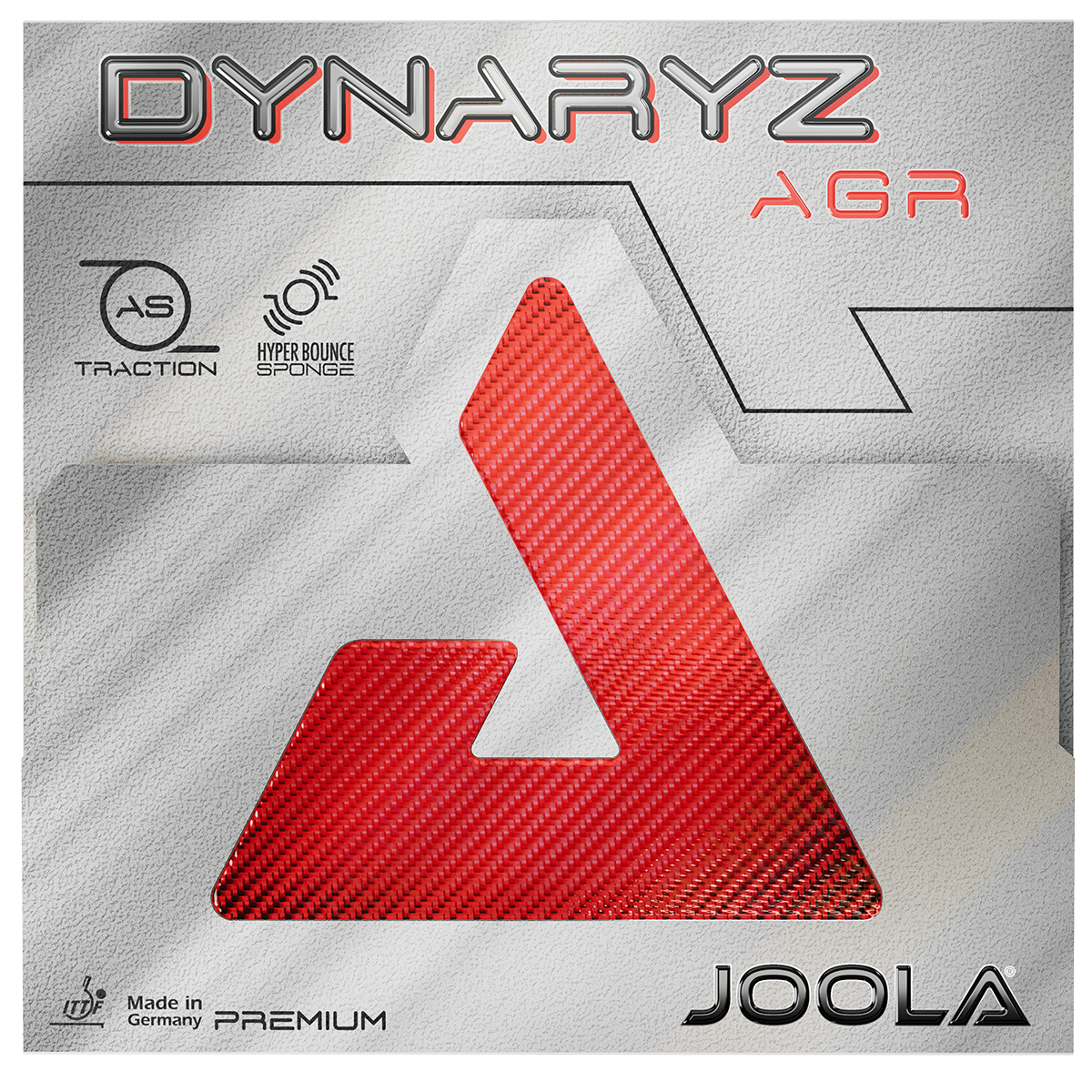 Produktbild des JOOLA Dynaryz AGR Tischtennisbelags mit rotem, dreieckigem Design und den Merkmalen AS Traction und Hyper Bounce Sponge.