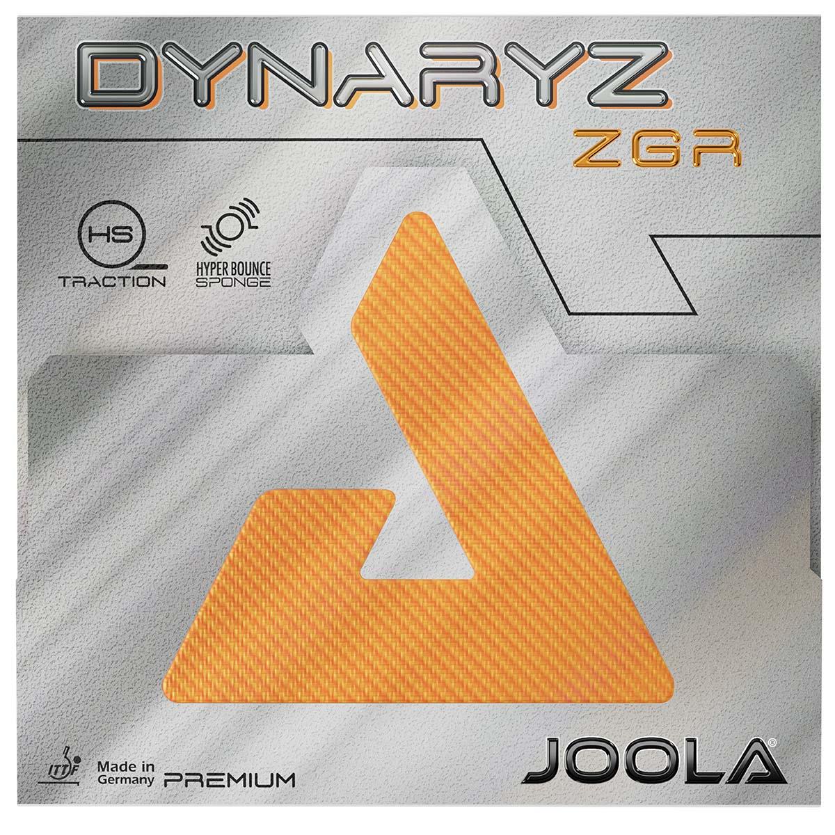 Produktverpackung des JOOLA Tischtennisbelags "Dynaryz ZGR" mit Logos für HS Traction und Hyper Bounce Sponge, Made in Germany.