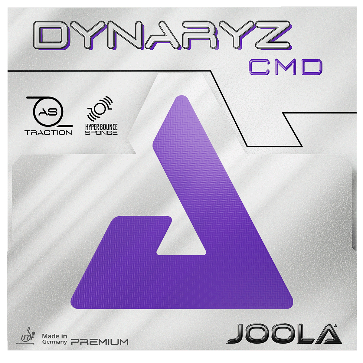 Verpackung eines JOOLA Dynaryz CMD Tischtennisbelags mit violettem Logo und Schriftzug.