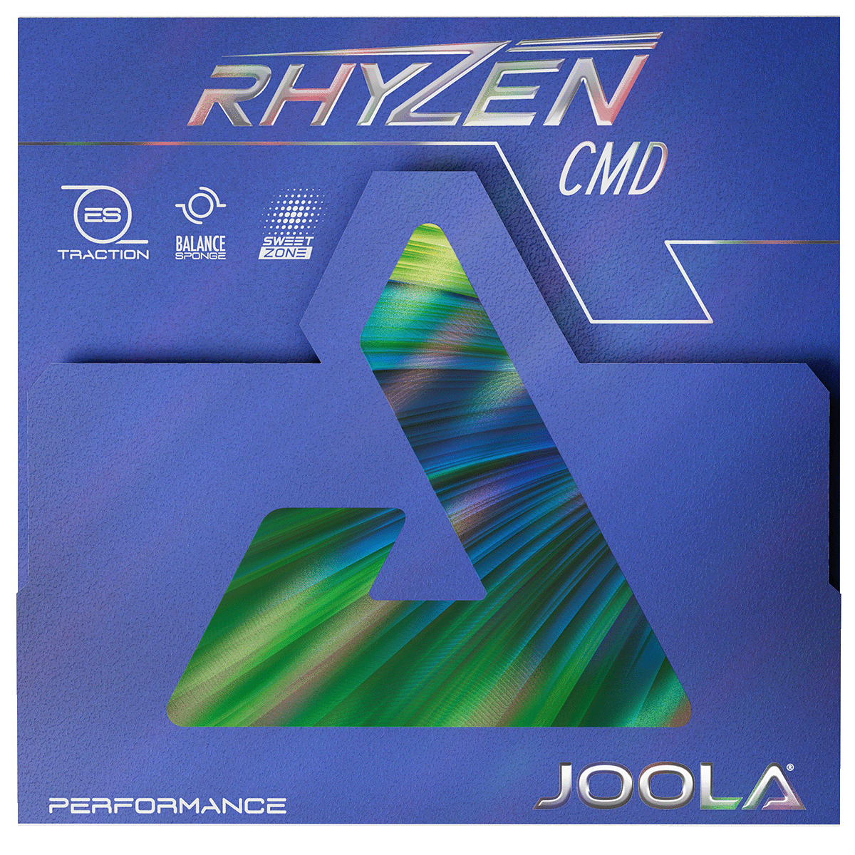Verpackung des Tischtennisbelags JOOLA Rhyzen CMD in Blau mit buntem Dreieck-Design und Schriftzug.