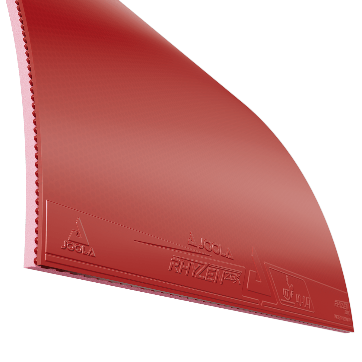 Rote Tischtennisbelag-Matte JOOLA Rhyzen ZX mit Noppenstruktur und Logo-Prägung.