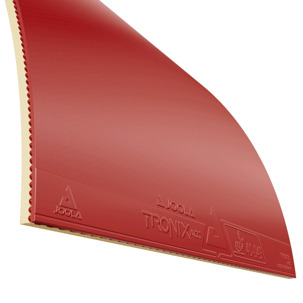 Rote Tischtennisbelag-Matte JOOLA Tronix ACC mit strukturierter Oberfläche und Schwammunterseite.