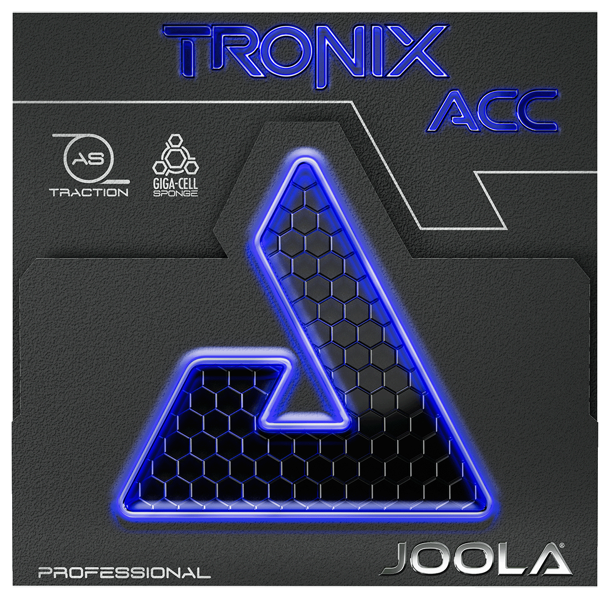 Produktverpackung für JOOLA TRONIX ACC Tischtennisbelag mit AS Traction und Giga-Cell Sponge Technologien.