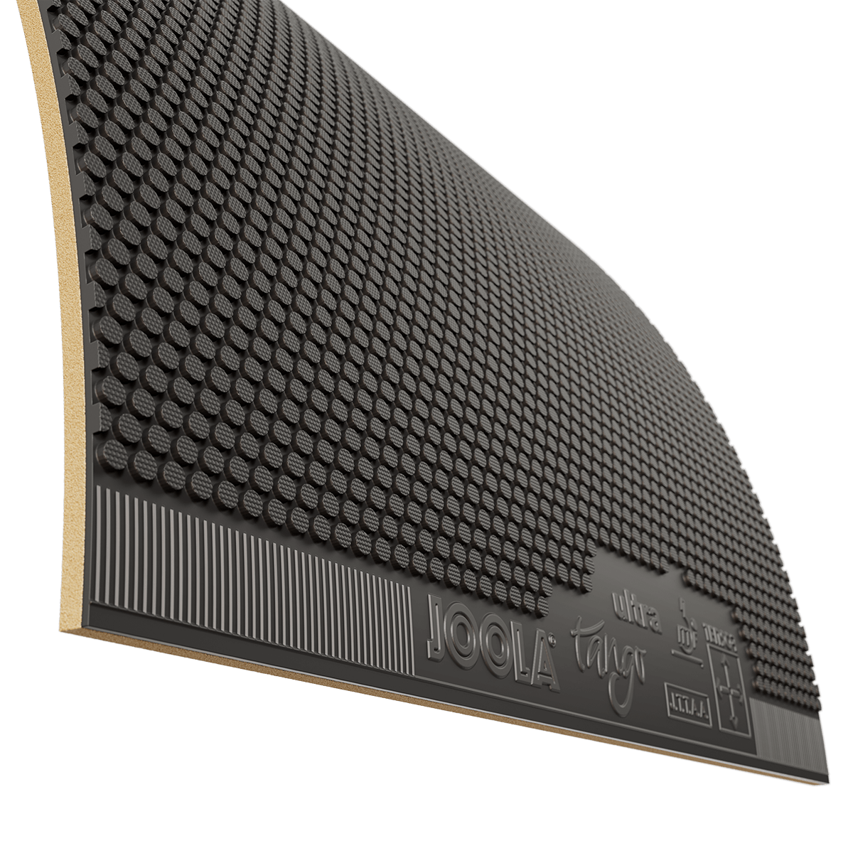 Nahaufnahme einer schwarzen JOOLA Tischtennisbelag-Gummischicht mit Noppenstruktur.