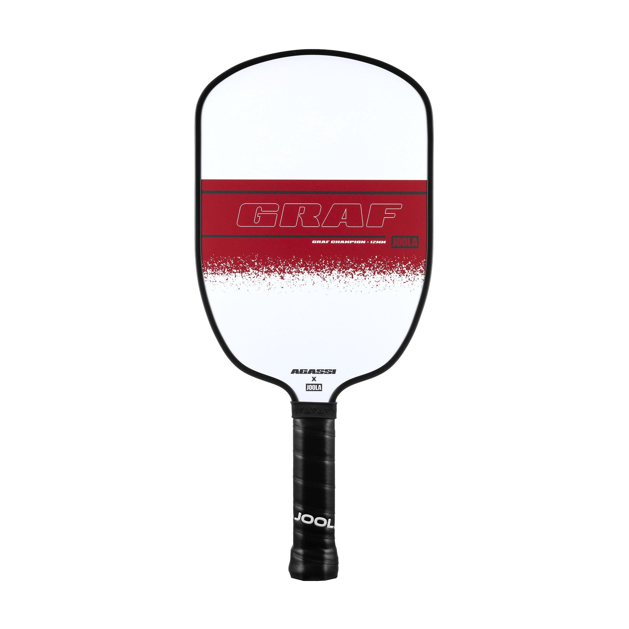 Pickleball-Schläger JOOLA Graf Champion mit weiß-rotem Design und schwarzem Griff.