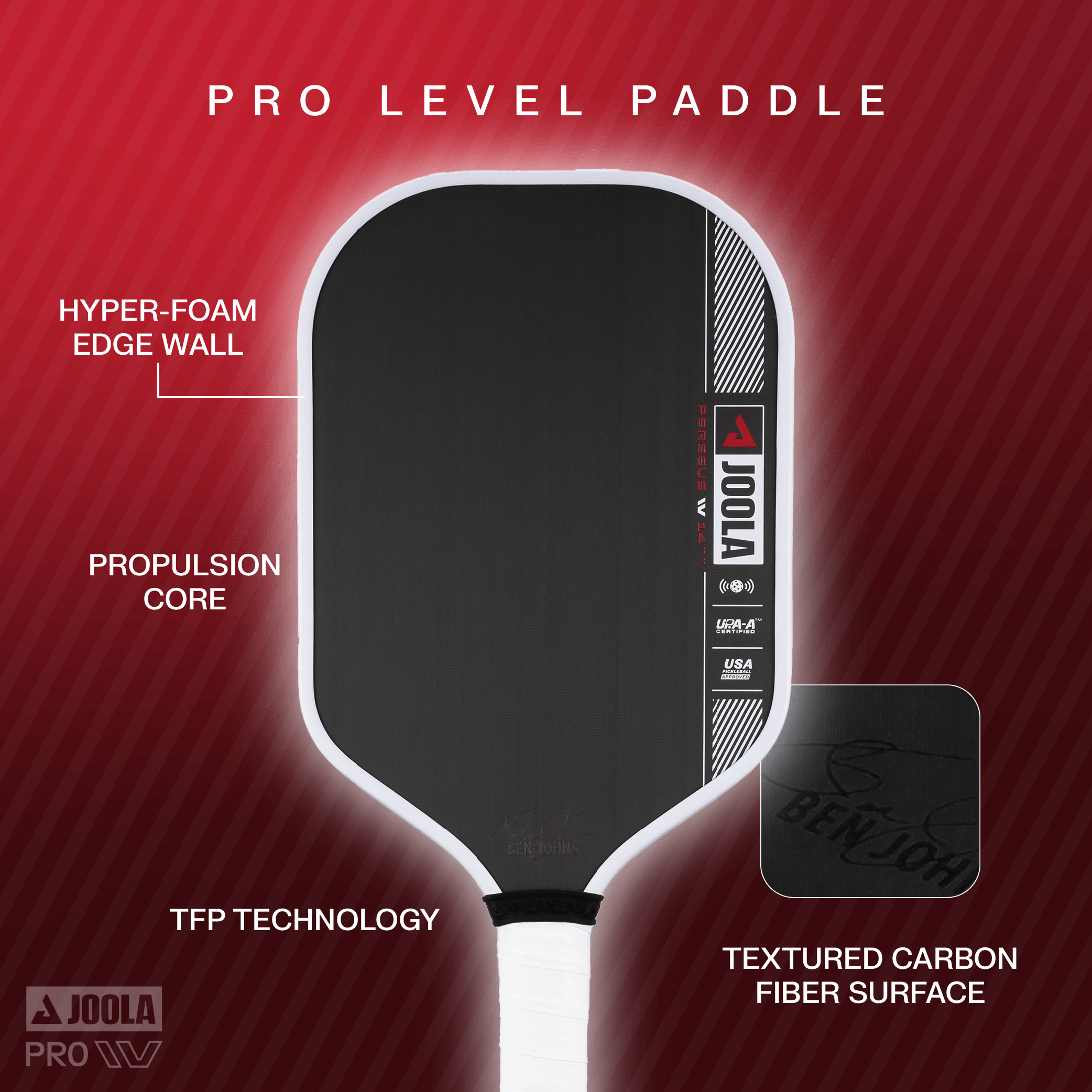 Schwarzes JOOLA Pro Level Paddle mit weißem Rand und Griff, hervorgehobene Merkmale: Hyper-Foam Edge Wall, Propulsion Core, TFP Technology, strukturierte Carbonfaser-Oberfläche.